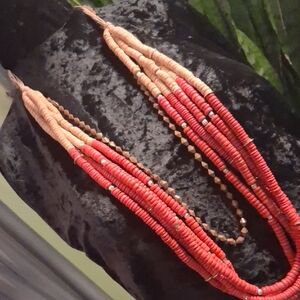 Chico's Multk Layered Red and Tan Wooden & Tweed Beaded Necklace 40 In Long .